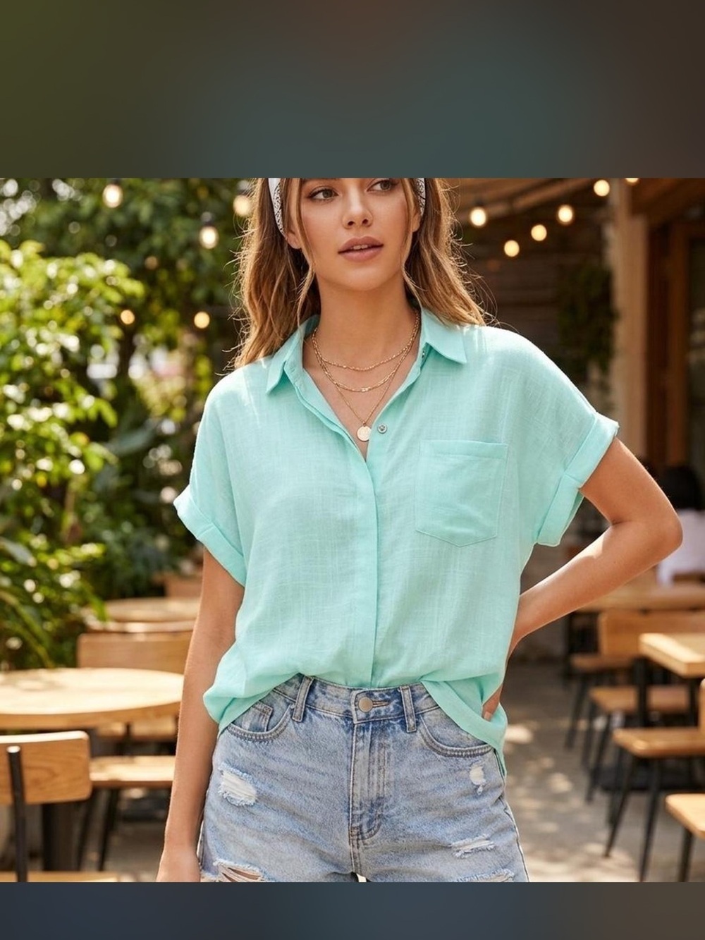 Lily Star Mint Short Sleeve Button Down Top